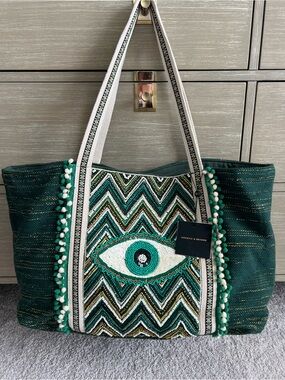 NWT America and Beyond emerald and gold evil eye tote bag